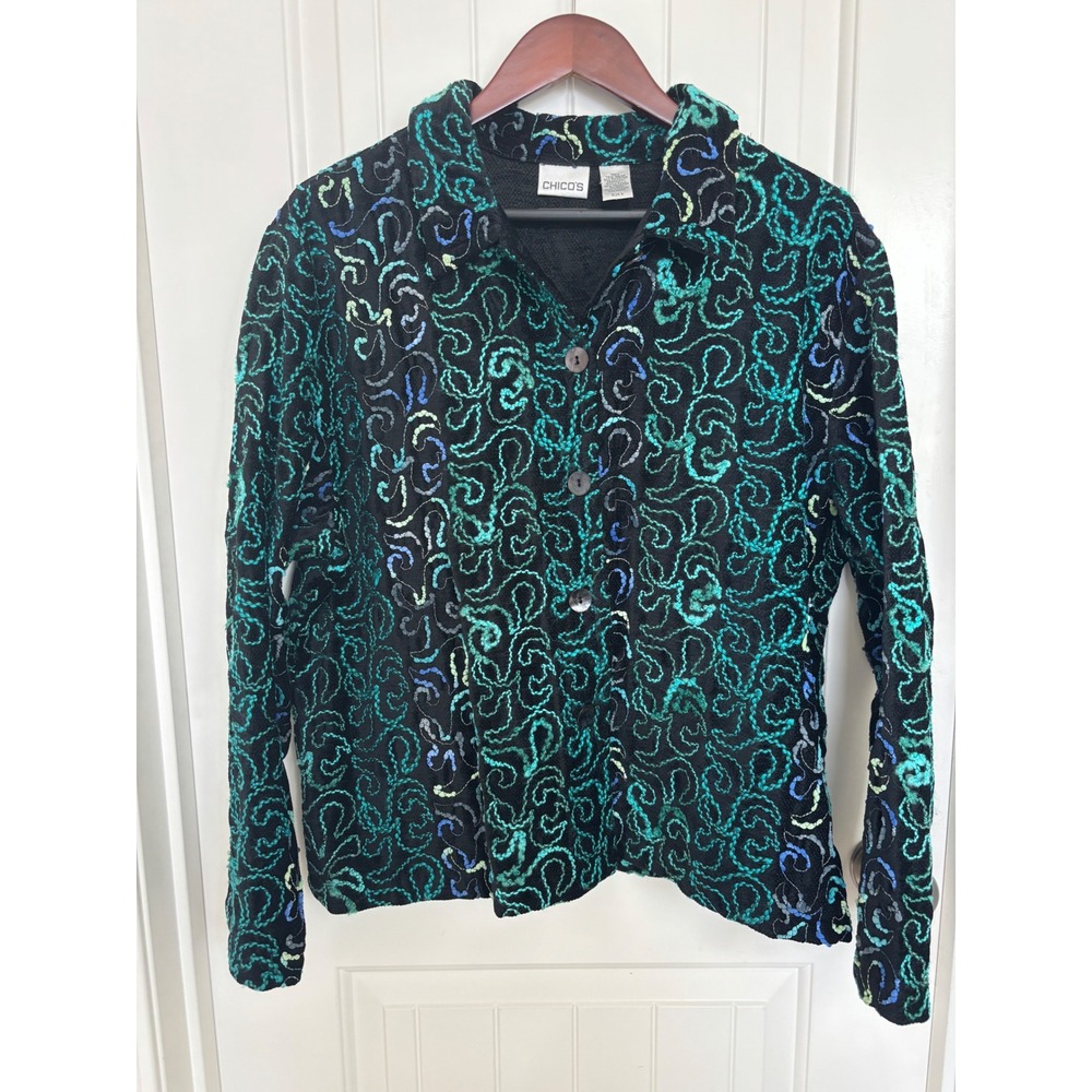 Chicos Chenille Embroidered Button Down Jacket Size 3 Black Green‎ Teal